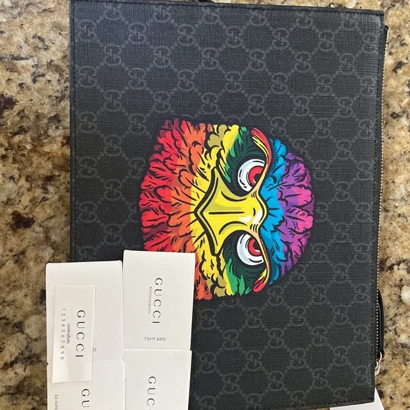 GUCCI Marmont Eagle Pouch dark grey supreme canvas clutch